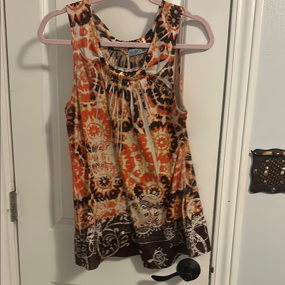 Unity World Wear Pleated Orange and Brown Tank Top
